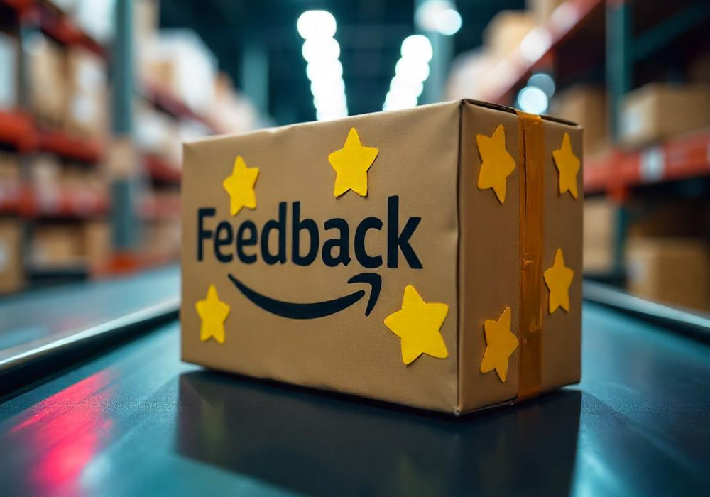 an amazon box with feedback written on it and yellow stars